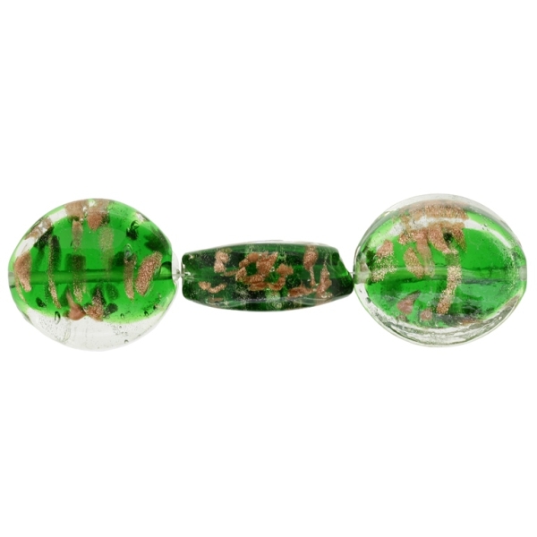 GLASS BEADS - MURANO STYLE - OVAL CONCAVED WITH SPOTS - TRANSPARENT - 29х25х11mm WHITE-GREEN (DARK)-COPPER - 30pcs. Hole:1.5mm