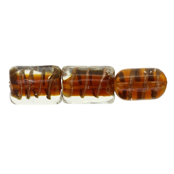 GLASS BEADS - MURANO STYLE - RECTANGULAR WITH STRIPES - TRANSPARENT - 20х16х13mm WHITE-BROWN (DARK)-GOLD - 60pcs. Hole:1.5mm