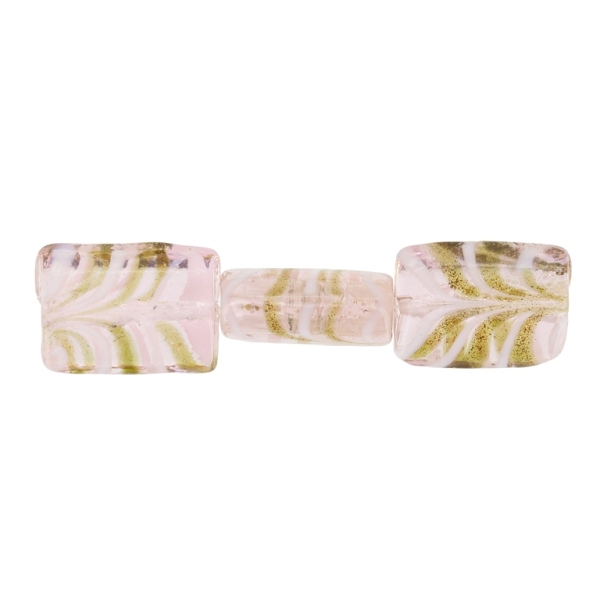 GLASS BEADS - MURANO STYLE - RECTANGULAR WITH STRIPES 02 - TRANSPARENT - 20х16х9mm PINK (LIGHT)-WHITE-GOLD - 60pcs. Hole:1.5mm