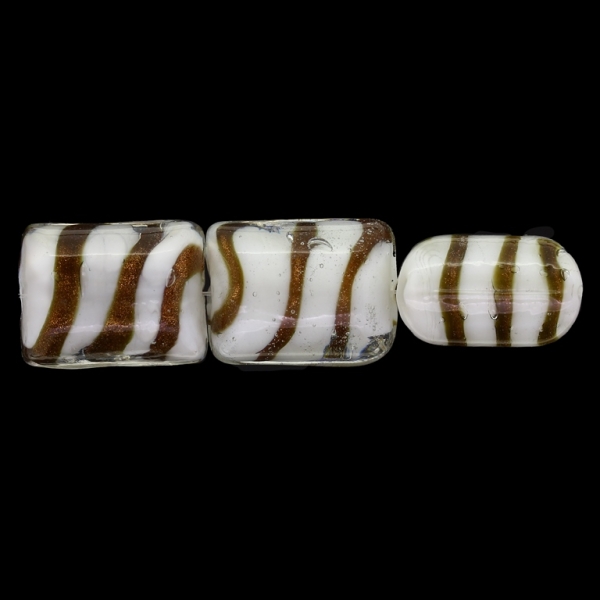 GLASS BEADS - MURANO STYLE - RECTANGULAR WITH WHITE FILLING AND STRIPES - 20х16х13mm WHITE AND GOLD - 60pcs. Hole:1.5mm