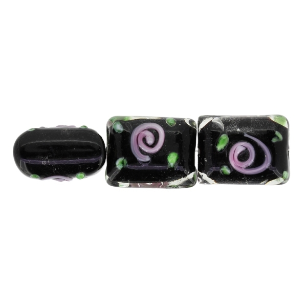 GLASS BEADS - MURANO STYLE - RECTANGULAR WITH BLACK FILLING AND COLORFUL RELIEF - 20х16х13mm BLACK-GREEN-PINK - 60pcs. Hole:1.5mm