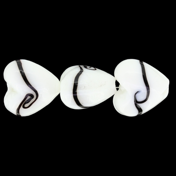 GLASS BEADS - MURANO STYLE - HEART 01 - OPAQUE - 20х20х13mm WHITE WITH BLACK - 60pcs. Hole:1.5mm