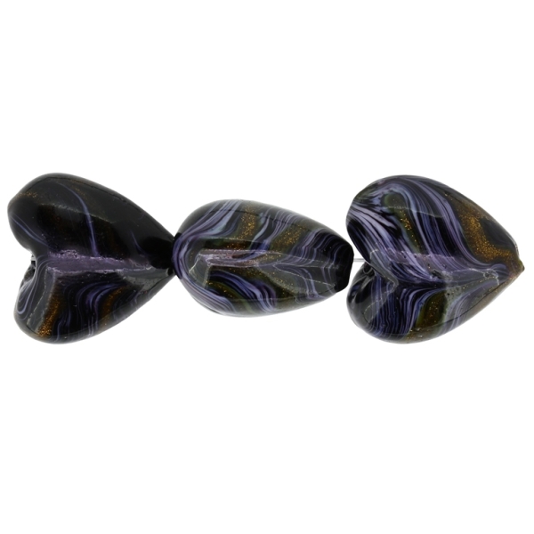 GLASS BEADS - MURANO STYLE - HEART 01 WITH STRIPES - OPAQUE - 20х20х13mm BLACK-GRAY (LIGHT)-GOLD - 60pcs. Hole:1.5mm