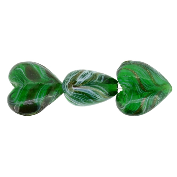 GLASS BEADS - MURANO STYLE - HEART 01 WITH STRIPES - TRANSPARENT - 20х20х13mm GREEN (DARK)-WHITE-GOLD - 60pcs. Hole:1.5mm