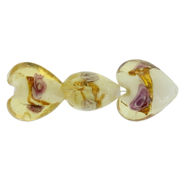 GLASS BEADS - MURANO STYLE - HEART 01 WITH WHITE FILLING AND SPOTS 02 - 20х20х13mm AMBER-PINK-GOLD - 60pcs. Hole:1.5mm