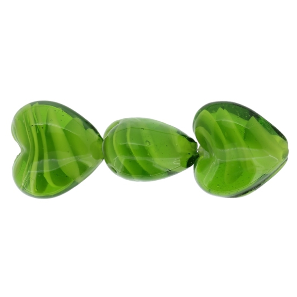 GLASS BEADS - MURANO STYLE - HEART 01 WITH FILLING SPIRAL - 20х20х13mm GREEN AND WHITE - 60pcs. Hole:1.5mm