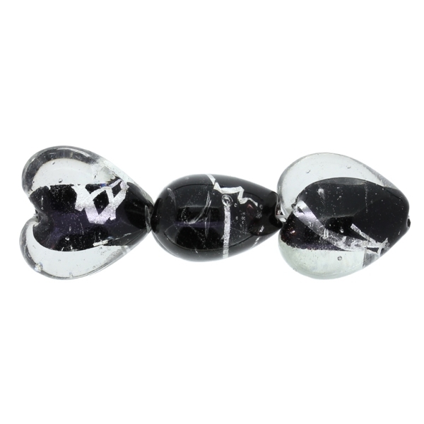 GLASS BEADS - MURANO STYLE - HEART 01 WITH BLACK FILLING AND SILVER THREADS - 20х20х13mm WHITE-BLACK-SILVER - 60pcs. Hole:1.5mm