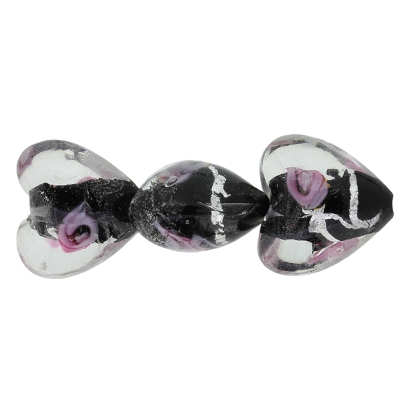 GLASS BEADS - MURANO STYLE - HEART 01 WITH BLACK FILLING AND SPOTS 02 - 20х20х13mm WHITE-PINK-SILVER - 60pcs. Hole:1.5mm