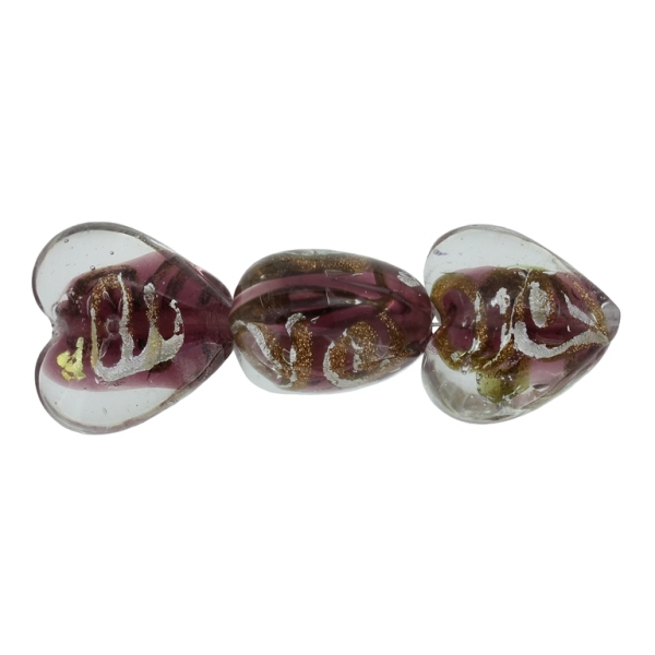 GLASS BEADS - MURANO STYLE - HEART 01 WITH SPOTS - TRANSPARENT - 20х20х13mm WHITE-CYCLAMEN (DARK)-SILVER-GOLD - 60pcs. Hole:1.5mm