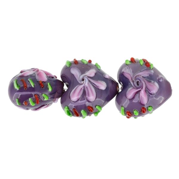 GLASS BEADS - MURANO STYLE - HEART 02 WITH RELIEF FLOWERS 02 - OPAQUE - 20х20х15mm PURPLE-ROSE DUST-COLORFUL - 48pcs. Hole:1.5mm