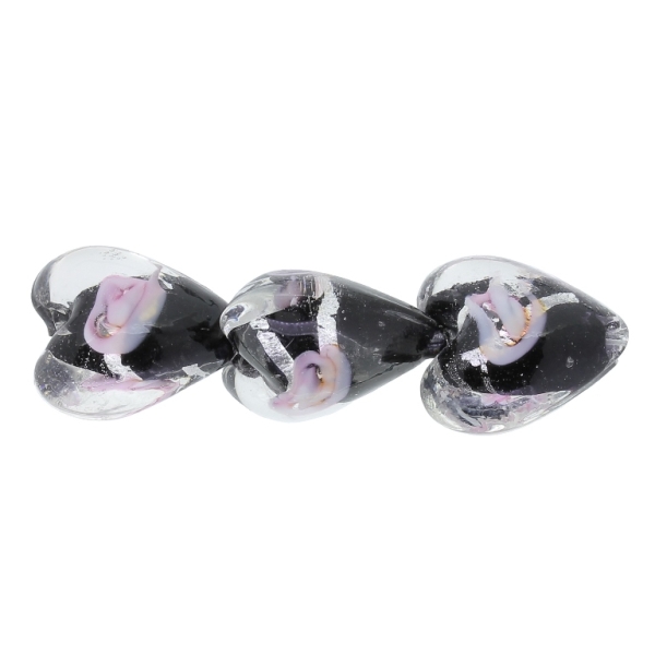 GLASS BEADS - MURANO STYLE - HEART 03 WITH BLACK FILLING AND SPOTS 02 - 16х16х10mm BLACK-PINK-SILVER - 120pcs. Hole:1.5mm