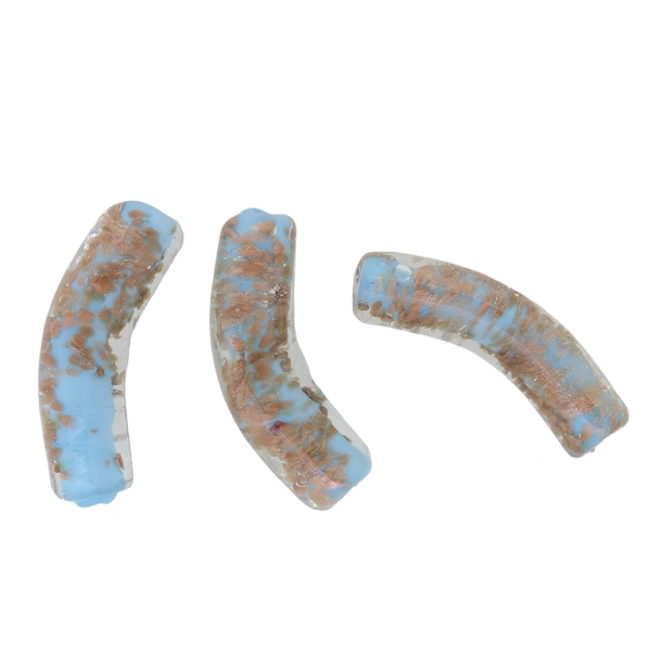 GLASS BEADS - MURANO STYLE - TUBE CURVED WITH BLUE FILLING AND SPOTS - 38х9mm BLUE (LIGHT) AND COPPER - 48pcs. Hole:1.5mm