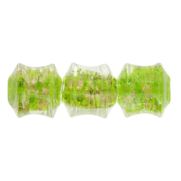 GLASS BEADS - MURANO STYLE - CYLINDER CONCAVED WITH SPOTS - TRANSPARENT - 21х21mm WHITE-GREEN MILITARY -COPPER - 36pcs. Hole:1.5mm