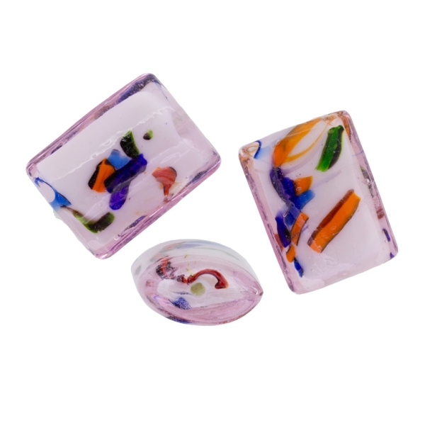 GLASS BEADS - MURANO STYLE - FLAT CYLINDER WITH WHITE FILLING AND SPOTS - 29х22х12mm PINK (LIGHT) AND COLORFUL - 30pcs. Hole:1.5mm