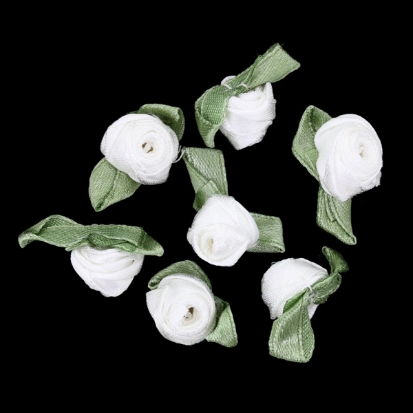 TEXTILE BEADS - SATIN - ROSE 02 WITH LEAVES - 12x13mm WHITE 001 - PACKAGE 144pcs.