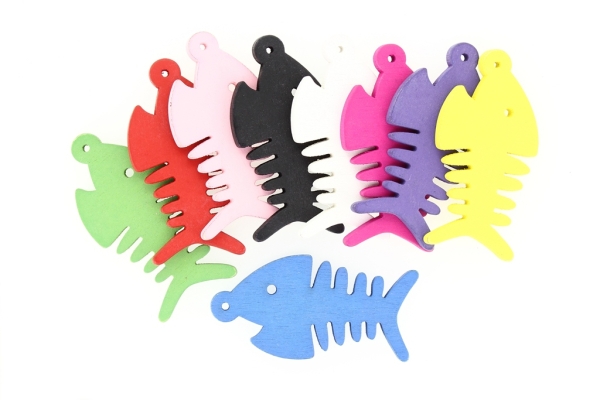 WOODEN FIGURES - FISH 01 - 64x33x4mm MIX - 50pcs. Hole-3.0mm