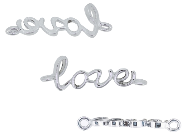 METAL - CHARMS CONNECTOR 2 HOLES UV COATING - LOVE 01 - 30x10x2mm SILVER COLOR - PACKAGE 20pcs. Hole-2.0mm