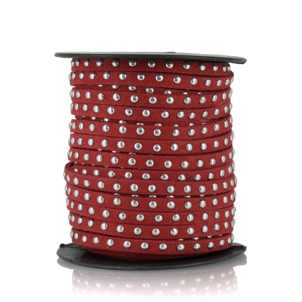 SUEDE CORD FAUX - SILVER STUDDED 1 LINE - 5mm RED 1049 - 18meters