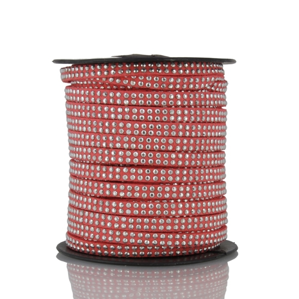 SUEDE CORD FAUX - SILVER STUDDED 2 LINES - 5mm CORAL ORANGE (DARK) 1144 - 2х18meters