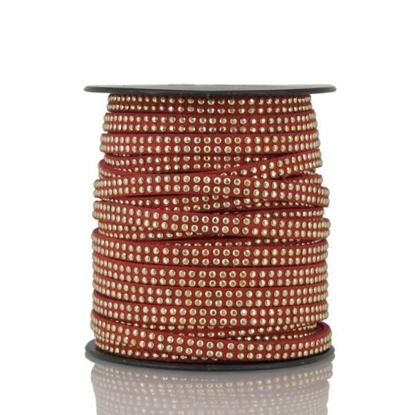 SUEDE CORD FAUX - GOLD STUDDED 2 LINES - 5mm RED 1049 - 18meters