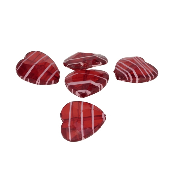 TRANSPARENT PLASTIC BEADS - STRIPE - HEART 12 FACETED - 20x20.5x8mm RED - PACKAGE 500g Hole-2.0mm (315pcs.)