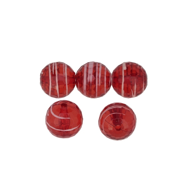 TRANSPARENT PLASTIC BEADS - STRIPE - BALL FACETED 04 - 16mm RED - 50g Hole-2.5mm (20pcs.)