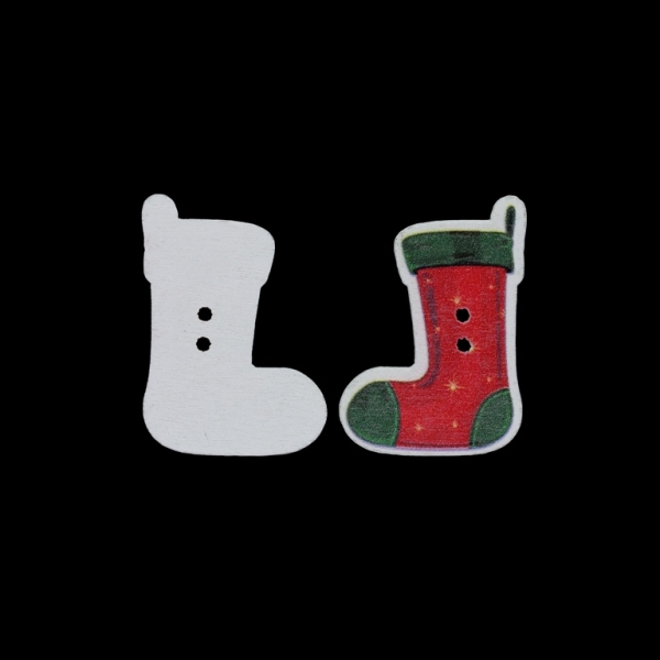 WOODEN FIGURES - CHRISTMAS - BUTTON TYPE - SOCK 01 - 25x35x2mm RED - PACKAGE 100pcs. Hole-2x2.0mm