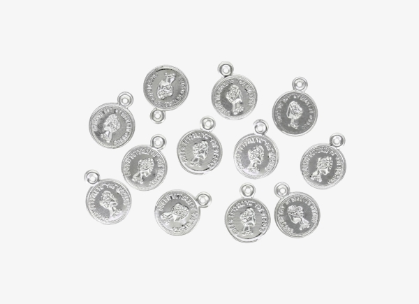 METAL ELEMENTS - IMITATION COIN FOR JEWELRY WITH RING - 13mm - MODEL 03 - NICKEL COLOR - 100pcs. Hole-1.3mm