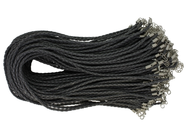 NECKLACE WITH CLASP - BRAIDED LEATHER 3mm - NECKLACE - 45+5cm GRAY (DARK) 21 - 100pcs.