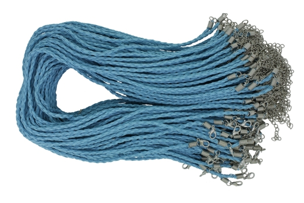 NECKLACE WITH CLASP - BRAIDED LEATHER 3mm - NECKLACE - 45+5cm BLUE (LIGHT) 22 - 100pcs.