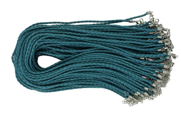 NECKLACE WITH CLASP - BRAIDED LEATHER 3mm - NECKLACE - 45+5cm TURQUOISE (DARK) 26 - 100pcs.