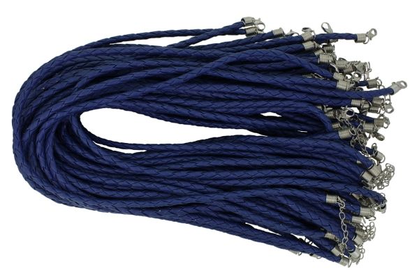 NECKLACE WITH CLASP - BRAIDED LEATHER 5mm - NECKLACE - 45+5cm BLUE (DARK) 24 - 50pcs.