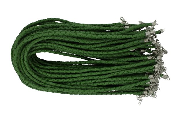 NECKLACE WITH CLASP - BRAIDED LEATHER 5mm - NECKLACE - 45+5cm GREEN MILITARY 36 - 50pcs.