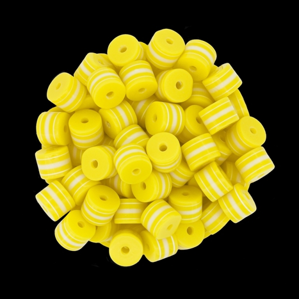 RESIN PLASTIC BEADS - CYLINDER RESIN STRIPE BEADS - 6x8mm YELLOW WITH WHITE STRIPE - 1000 pcs. Hole-2.0mm