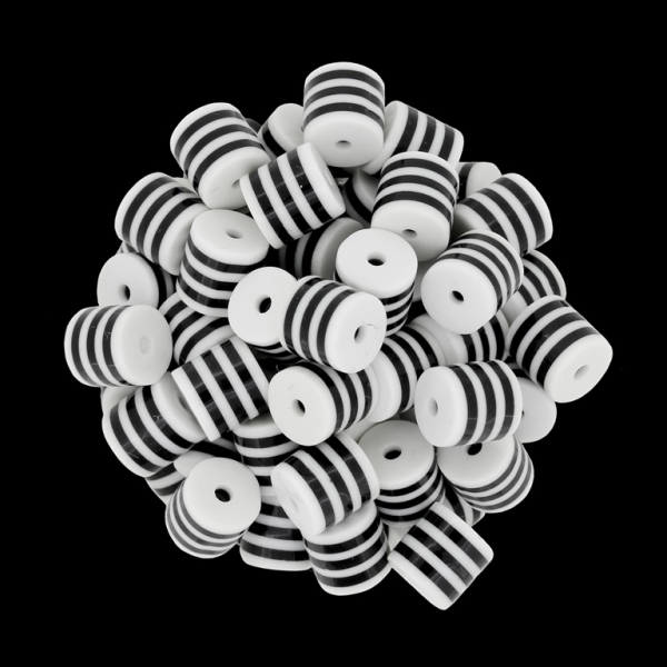 RESIN PLASTIC BEADS - CYLINDER RESIN STRIPE BEADS - 8x8mm WHITE WITH BLACK - 1000 pcs. Hole-2.0mm