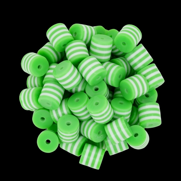 RESIN PLASTIC BEADS - CYLINDER RESIN STRIPE BEADS - 8x8mm GREEN 02 WITH WHITE - 1000 pcs. Hole-2.0mm