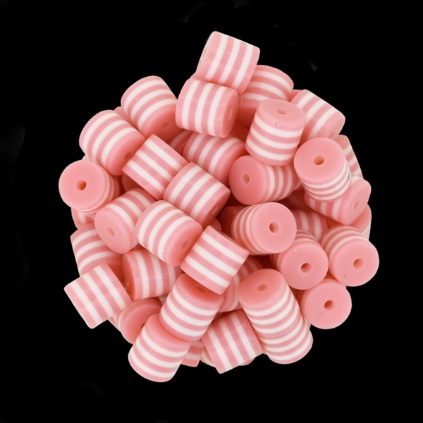 RESIN PLASTIC BEADS - CYLINDER RESIN STRIPE BEADS - 8x8mm PEACH WITH WHITE - 1000 pcs. Hole-2.0mm