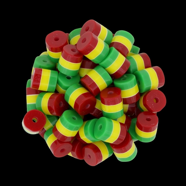 RESIN PLASTIC BEADS - CYLINDER RESIN STRIPE BEADS - 9x8mm BORDEAUX-YELLOW-GREEN (LIGHT) - 50 pcs. Hole-2.0mm