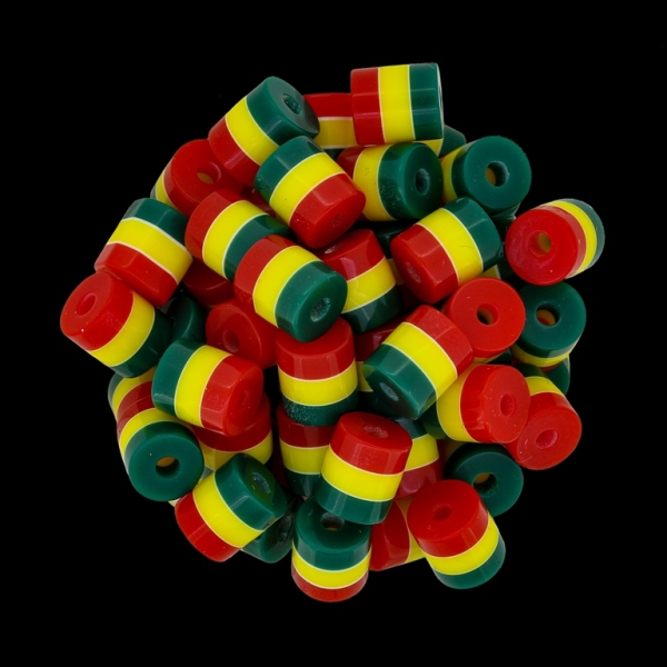 RESIN PLASTIC BEADS - CYLINDER RESIN STRIPE BEADS - 9x8mm RED-YELLOW-GREEN (DARK) - 1000 pcs. Hole-2.0mm