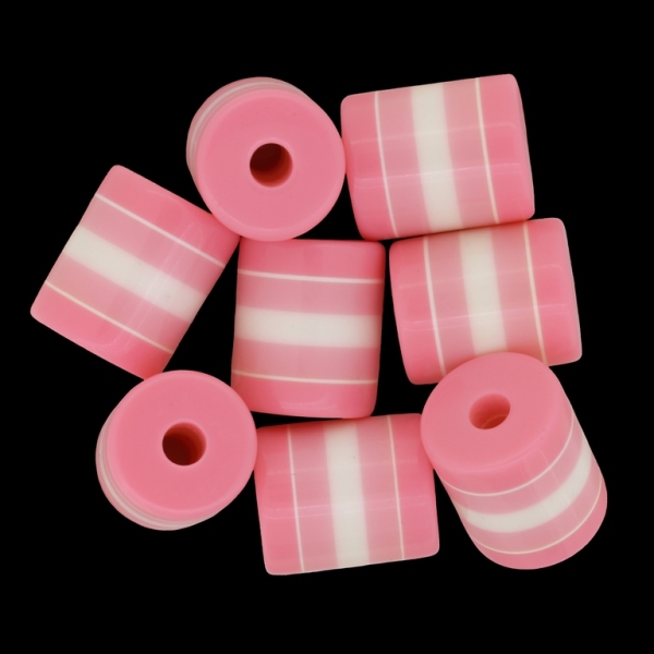 RESIN PLASTIC BEADS - CYLINDER RESIN STRIPE BEADS - 18x15mm PEACH WITH WHITE STRIPE - 5 pcs. Hole-4.3mm