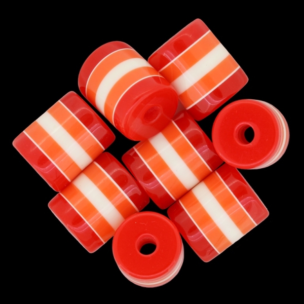 RESIN PLASTIC BEADS - CYLINDER RESIN STRIPE BEADS - 18x15mm RED WITH WHITE STRIPE - 100 pcs. Hole-4.3mm