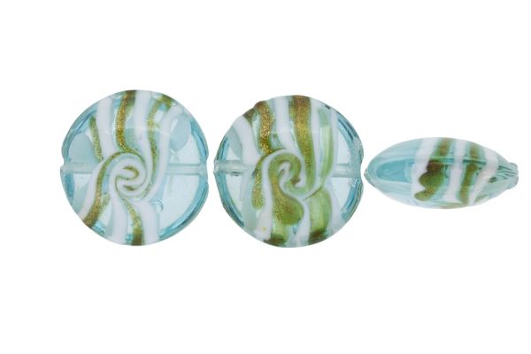GLASS BEADS - MURANO STYLE - BONIBON WITH SPIRAL - TRANSPARENT - 29х13mm BLUE SKY-WHITE-GOLD - 10pcs. Hole:1.5mm
