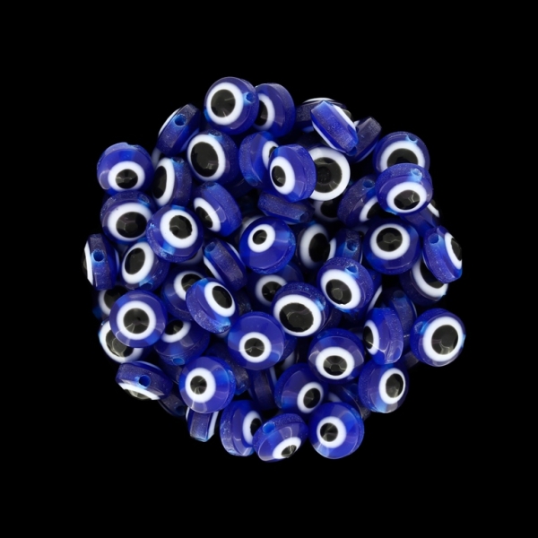 RESIN PLASTIC BEADS - DISK WITH EVIL EYE - 8x6mm BLUE - 50pcs. Hole:1.8mm