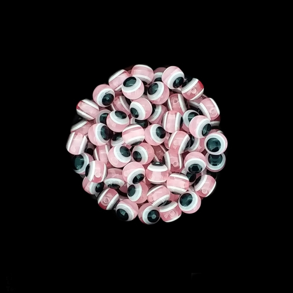 RESIN PLASTIC BEADS - BALL WITH EVIL EYE - 8mm PINK - 50pcs. Hole:1.8mm