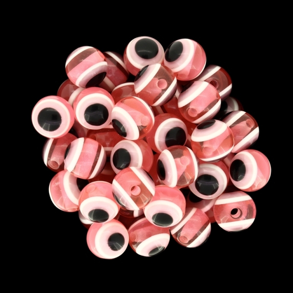 RESIN PLASTIC BEADS - BALL WITH EVIL EYE - 10mm PINK - 25pcs. Hole:2.0mm