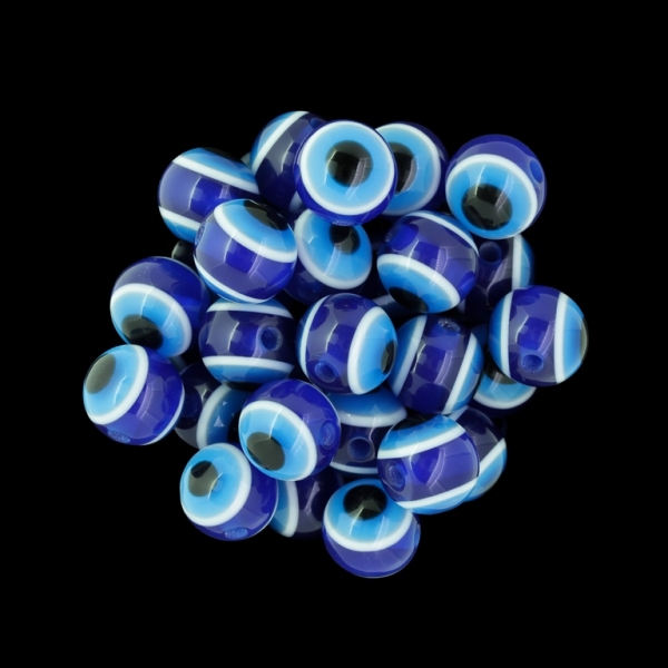 RESIN PLASTIC BEADS - BALL WITH EVIL EYE - 10mm BLUE Hole:2.0mm - 25pcs.