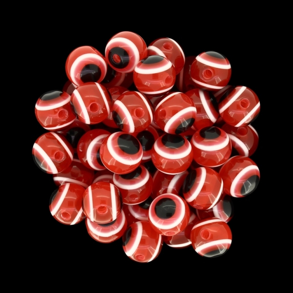 RESIN PLASTIC BEADS - BALL WITH EVIL EYE - 10mm RED - 25pcs. Hole:2.0mm