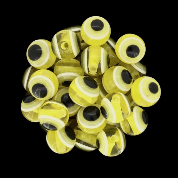 RESIN PLASTIC BEADS - BALL WITH EVIL EYE - 12mm YELLOW - 25pcs. Hole:2.5mm