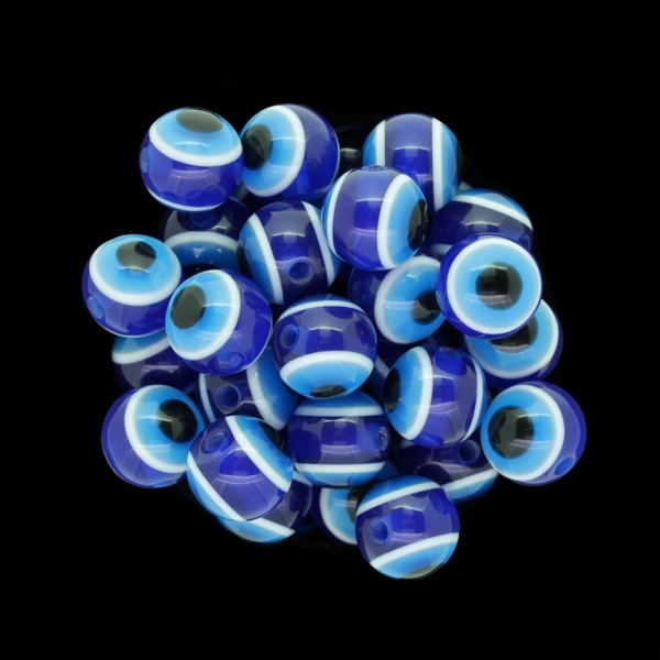 RESIN PLASTIC BEADS - BALL WITH EVIL EYE - 12mm BLUE - 25pcs. Hole:2.5mm