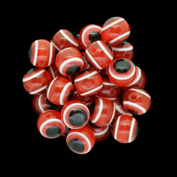 RESIN PLASTIC BEADS - BALL WITH EVIL EYE - 12mm RED - 25pcs. Hole:2.5mm